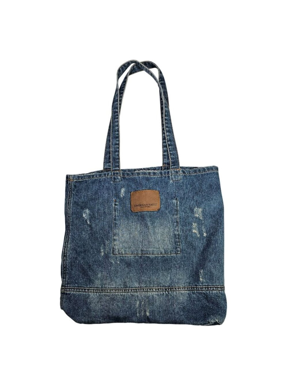 American Eagle AE Blue Denim Shoulder Tote Bag Distressed Logo Patch 15x13x3.5"